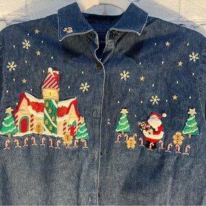 Karen Scott Blue Denim Blouse with Holiday Embroidery